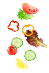 floating fresh salad ingredients on a black backdrop