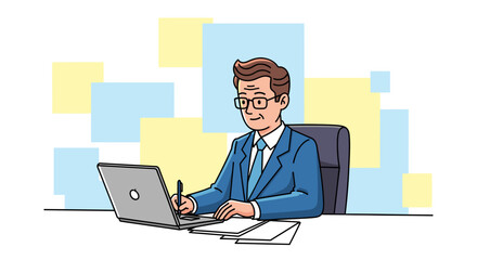 Focused businessman in a suit working diligently on his laptop and writing notes at an office desk. Ideal for business, productivity, and professional concepts.