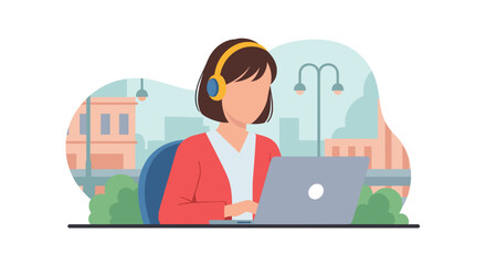 Woman wearing headphones working on a laptop in an urban setting. Ideal for themes of remote work, online learning, call centers, digital communication, and modern lifestyle.