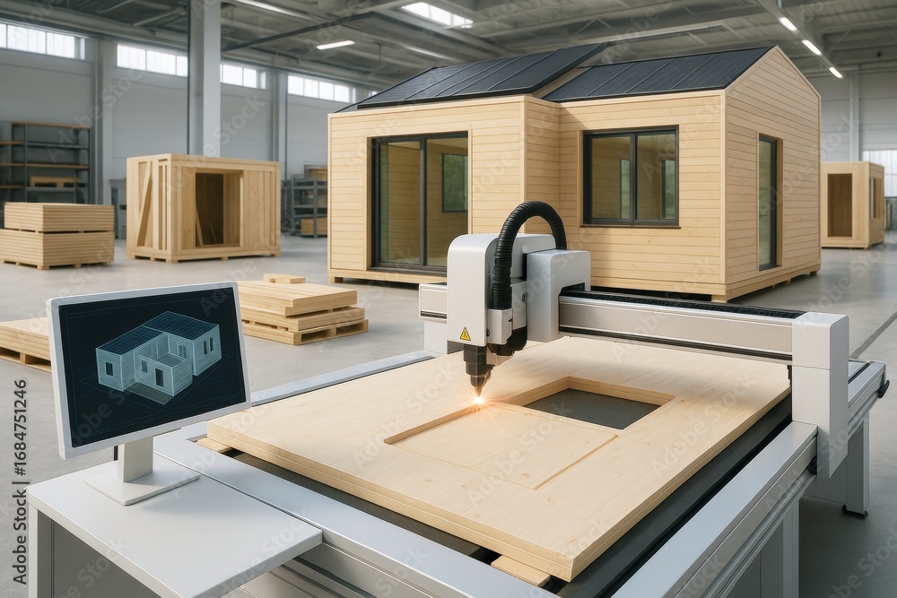 Poster automated cnc laser cutter shaping wooden panels in modern prefab housing factory with computer-cont