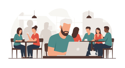 Man with beard uses laptop in a bustling modern cafe, surrounded by diverse people. Depicts remote work, freelance lifestyle, and casual business meetings in a contemporary setting.