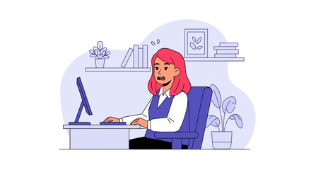 Overwhelmed businesswoman stressed at her office desk, facing challenges, deadlines, or a heavy workload. Illustrates pressure and anxiety in a corporate environment.