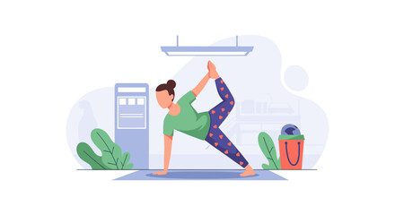 Woman gracefully performing a yoga pose indoors, symbolizing balance, flexibility, and a commitment to a healthy, active lifestyle. Ideal for fitness and wellness concepts.
