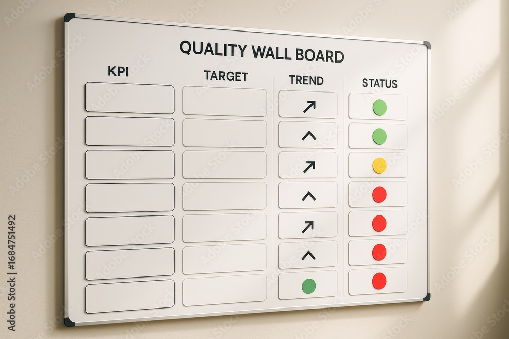 Poster quality wall board with kpi, target, trend, and status columns in industrial office setting with sof