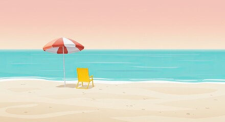 Sandy Beach Scene with Red and White Umbrella and Yellow Chair