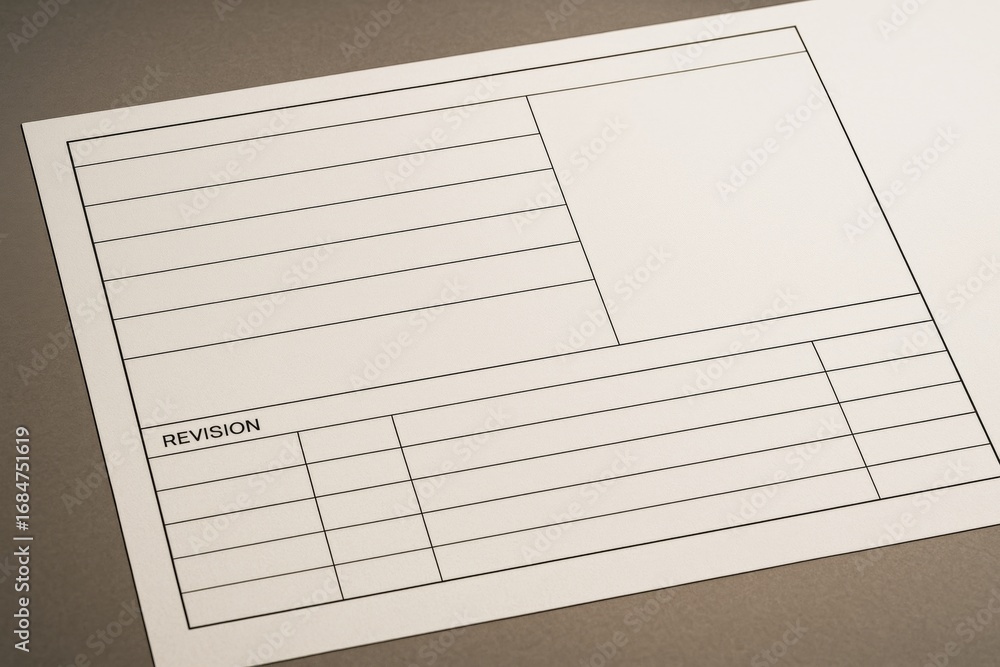 Poster empty technical drawing template with revision table on clean sheet placed on neutral surface backgr