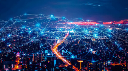 Obraz premium Futuristic Smart City with IoT and ICT Network at Night, Vehicle Traffic, Connectivity, Digital Infrastructure, Urban Technology Landscape