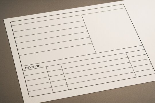 Empty technical drawing template with revision table on clean sheet placed on neutral surface background, used in creative industry documentation. Ai generative