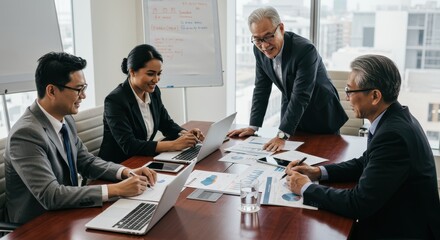 Diverse business professionals engage in a collaborative meeting, reviewing financial data around a conference table.