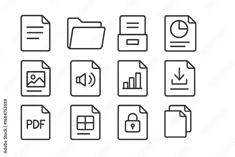 Poster collection of minimalist icons representing various document types and file functionalities in a nea