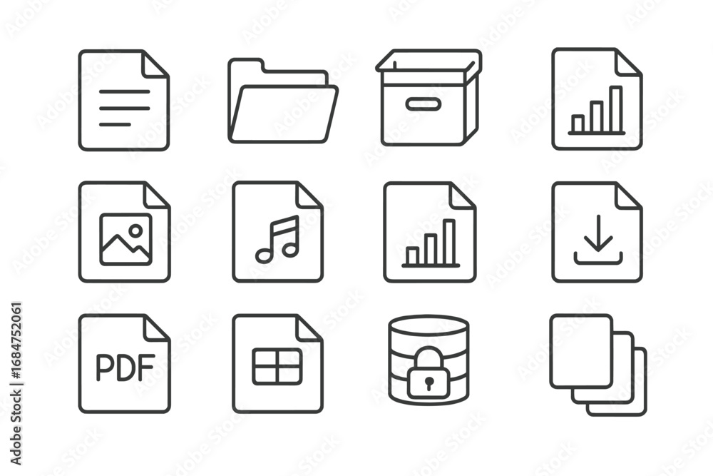 Poster collection of various file icons representing different document types and graphic elements for digi