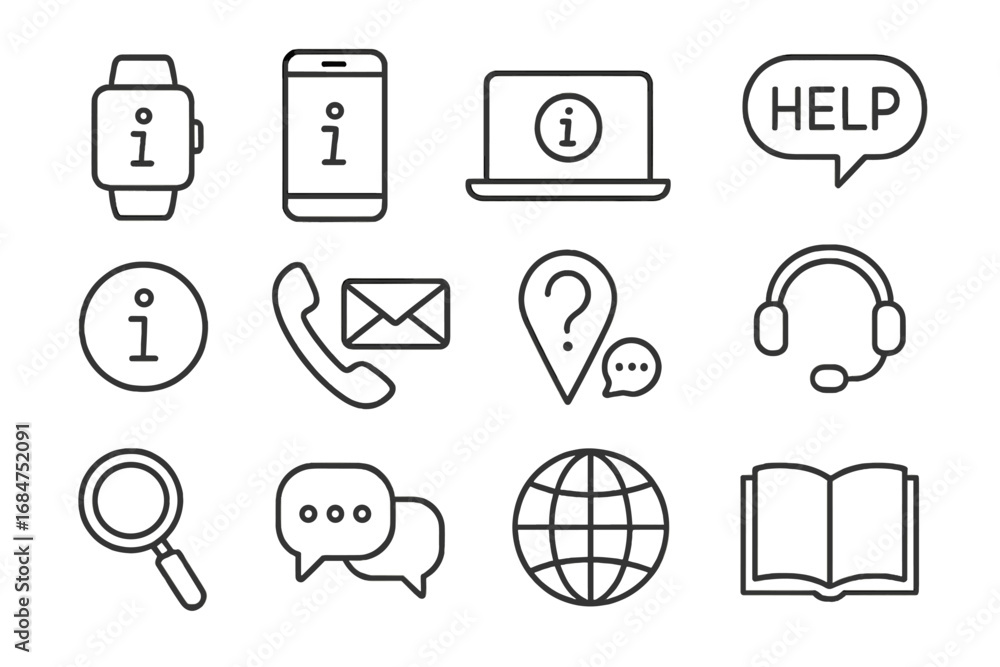 Poster collection of line icons representing communication and information technology tools used in modern 