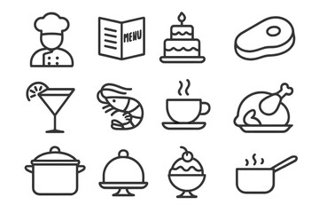 Culinary icons depicting various food and drink items in a minimalistic design for a dining experience