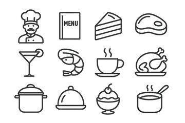 Cooking icons featuring a chef, menu, and various dishes in a minimalistic style perfect for culinary themes