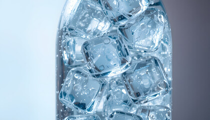 Refreshing ice cubes floating in a glass bottle creating a cool and crisp sensation