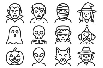 Various Halloween-themed character illustrations featuring classic monsters and spooky figures in a simple artistic style