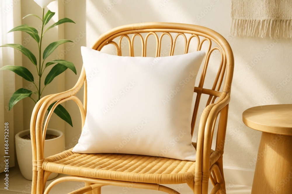 Poster white square pillow mockup on rattan chair in cozy minimalist room with soft light and natural decor
