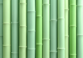 Fototapeta premium Green bamboo stalks are arranged to create a decorative wall or background with a natural, organic aesthetic.