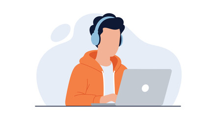 Person in a hoodie wearing headphones, focused on working or studying with a laptop. Represents remote work, online learning, or modern digital lifestyle and communication.