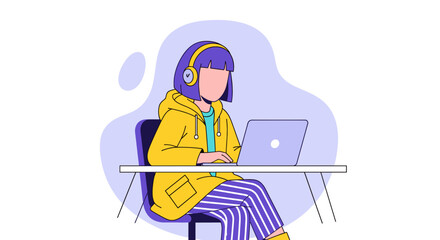 Focused person with headphones using a laptop at a desk. Represents remote work, online learning, or digital productivity and modern lifestyle.