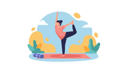 Woman practicing the Dancer Pose (Natarajasana) on a yoga mat, illustrating wellness, balance, and a mindful, healthy lifestyle in a serene, natural-inspired setting.