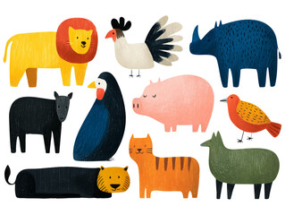 Set of cute hand drawn animals, transparent background, PNG