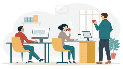 Productive office environment with diverse professionals collaborating and working at their desks, enjoying coffee breaks. Ideal for business, teamwork, and modern workplace concepts.