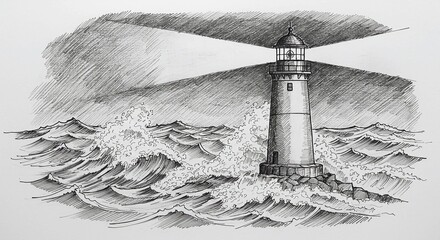 Fototapeta premium Dramatic lighthouse beam cuts through stormy seas, guiding ships through treacherous waves with a powerful, unwavering light a symbol of hope
