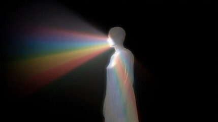 A single ray of rainbow light shines down on the silhouette of an ethereal being, radiating power in the darkness