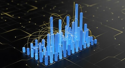 Abstract Data Visualization with Blue Columns and Golden Connecting Lines