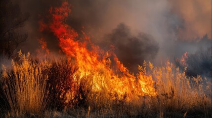 Fototapeta premium A forest fire spreads quickly through dry vegetation.