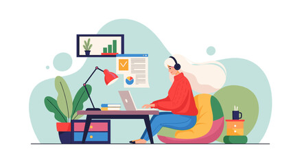 Woman works remotely on a laptop in a cozy home office, embodying modern productivity and a flexible lifestyle. Ideal for business, tech, or work-from-home concepts.