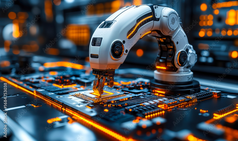 Poster futuristic robotic arm assembling complex electronic circuit board with glowing orange lights in hig