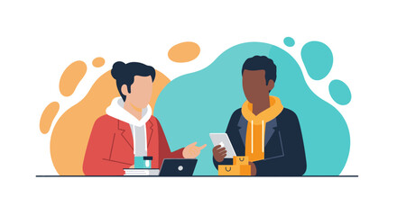 Two diverse individuals engage in a business discussion, one with a laptop, the other with a tablet and shopping bags. Illustrates e-commerce, online sales, or client consultation.