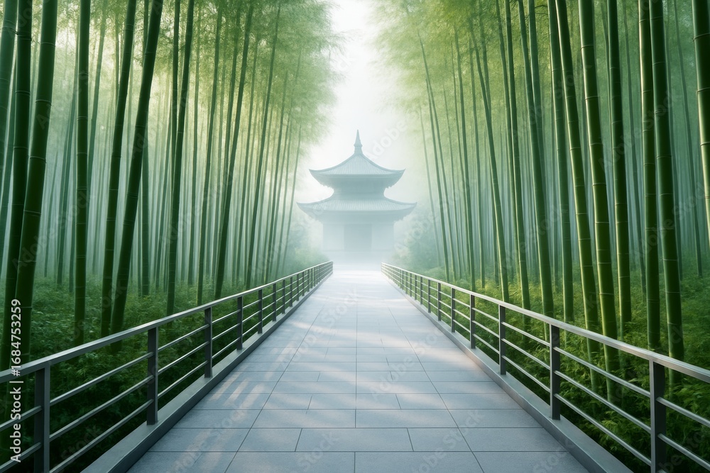 Poster tranquil path through misty bamboo forest leading to traditional asian temple with soft light and at