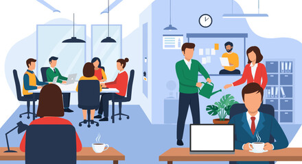 Busy modern office scene with professionals collaborating in a meeting and working individually, symbolizing teamwork, growth, and productivity in a corporate environment.
