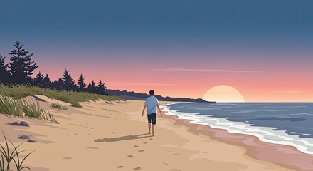 Man Walking on Sandy Beach at Sunset in Coastal Landscape Illustration