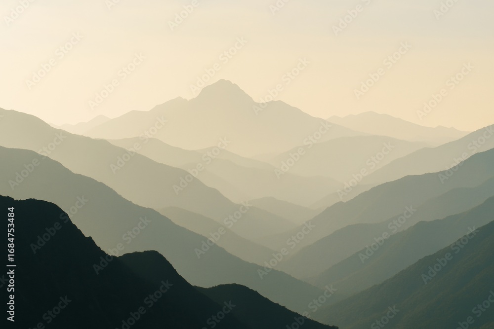 Poster layers of mountain ridges fading into misty distance with soft light and atmosphere creating a peace