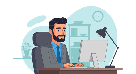 Professional businessman working diligently at his office desk on a computer, embodying productivity, corporate life, and focused work.