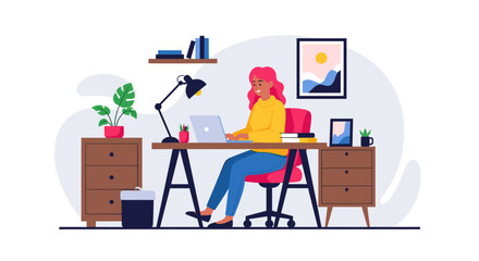 Young woman happily working remotely on her laptop at a stylish home office desk, surrounded by plants and books. Ideal for business, education, and freelance concepts.
