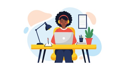 Smiling woman in headphones working remotely on laptop at her desk. Represents online education, freelancing, and digital connectivity.