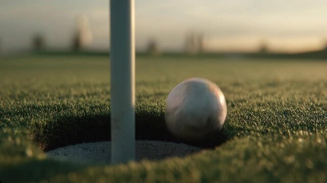 Close-up of a golf ball resting on the green edge, just a breath away from the hole, symbolizing success, victory, focus, and the thrilling moment of achievement in golf.