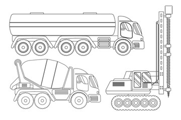 Coloring Page Outline Construction Vehicles Including Cement Mixer Tanker Truck And Pile Driver On White Background