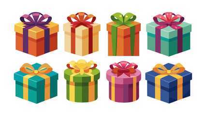 Collection of colorful isometric gift boxes with ribbons and bows on a white background