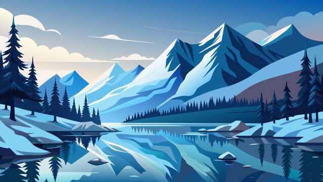 Serene winter mountain landscape with snow capped peaks reflecting in a calm lake