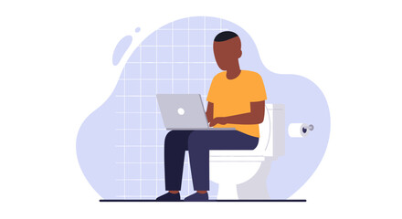 A man casually works on his laptop while sitting on the toilet, illustrating remote work convenience or blurring work-life boundaries.