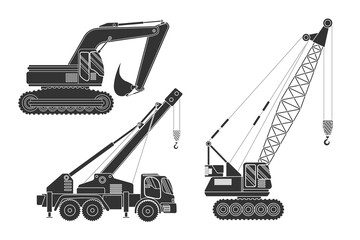 Silhouette Collection Of Heavy Construction Equipment Including Excavator And Crane In Industrial Setting