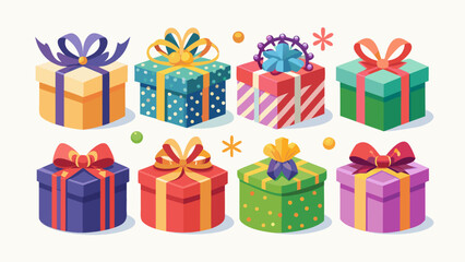 Collection of eight colorful isometric gift boxes with decorative bows and ribbons for celebrations