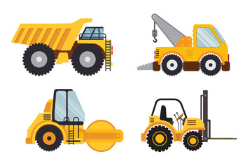 Illustration Set Of Various Yellow Construction Equipment Including Dump Truck Crane Roller And Forklift. Vector collection