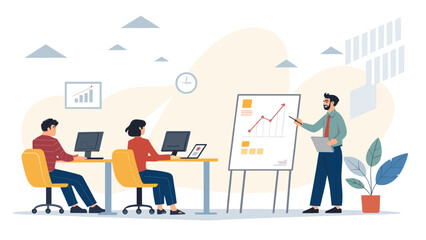 Business team collaborating in an office presentation, analyzing financial growth and discussing corporate strategy. Ideal for concepts of success and teamwork.